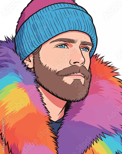 A man with a beard poses in a colorful fur coat and blue beanie. His look is bright and engaging in a creative style.
