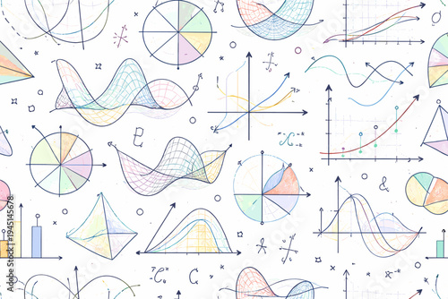 Seamless Vector Pattern Featuring Hand-Drawn Mathematical Formulas, Colorful Coordinate Graphs, 3D Surfaces, Pie Charts, and Scientific Curves on a White Background for Education and Data.