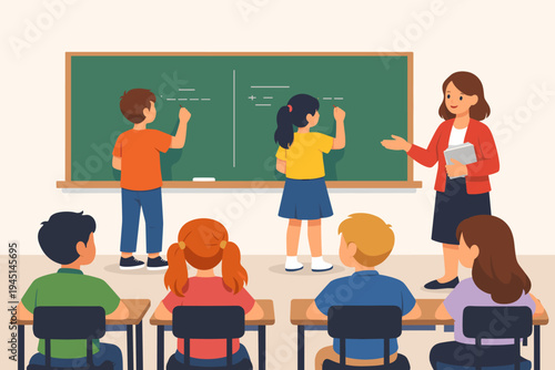 Elementary school students writing on a green chalkboard in a classroom with a female teacher and classmates sitting at desks. Flat vector illustration of primary education and learning.