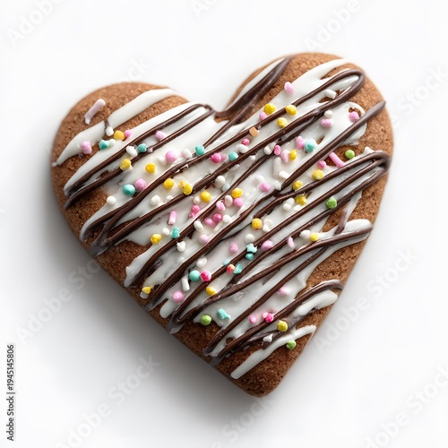 Heart Shaped Cookie with Icing, Sprinkles, and Chocolate Drizzle Isolated on White Background, Detailed Valentine Sweet Treat for Love and Baking Concept