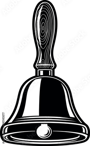 A black and white illustration of a shiny metal bell with a handle
