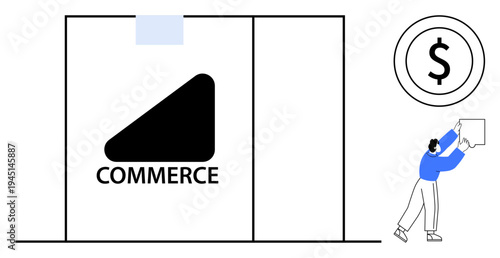 E-commerce theme. E-commerce ed with a shopping bag and dollar symbol, emphasizing digital retail and delivery. E-commerce visual shows online business growth and transactions. Suitable for retail