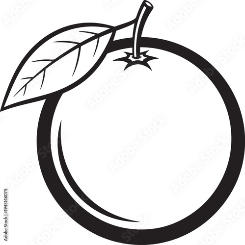Black and white line of a single orange with a leaf and stem fruit citrus food healthy