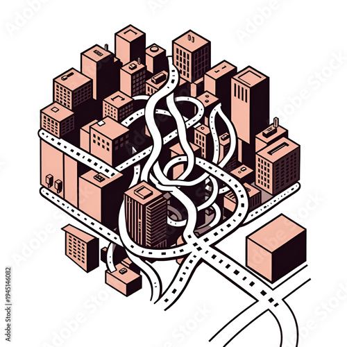 Solid vector icons of disorienting neighborhood structures: tangled route mesh, looping backstreets, uneven walkway patterns;