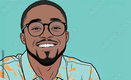 A man smiles brightly while wearing a colorful shirt. He is relaxed and appears cheerful against a light background.