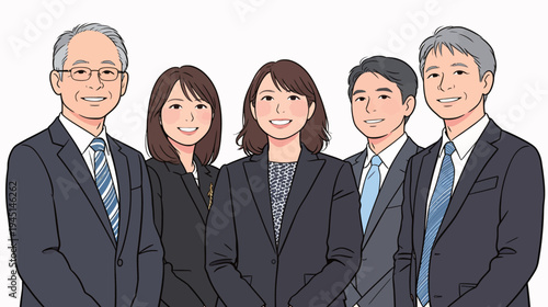 Five business people stand together in an office. They are all smiling and wearing professional clothing. It is afternoon and they look engaged.