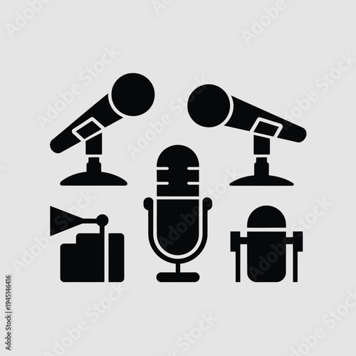 A variety of microphones and sound equipment arranged on a table isolated on white background, Vector, illustration