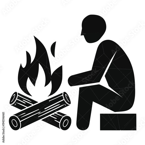 A person sitting by a campfire with a silhouette figure and burning logs isolated on white background, Vector, illustration
