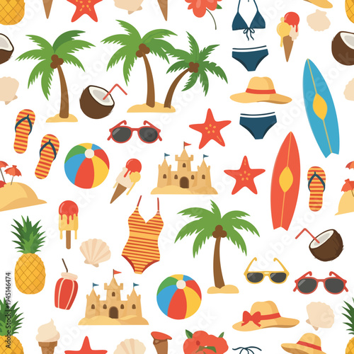 Seamless pattern of colorful beach vacation icons