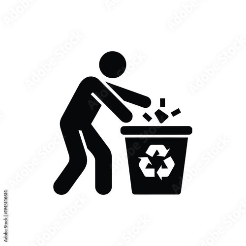A person is throwing paper into a recycling bin with a recycling symbol. isolated on white background, Vector, illustration