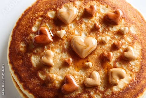 Round Pancake with Heart Shaped Fruit and Chocolate Toppings, Top Down View Sweet Breakfast with Syrup for Valentine Love Celebration Concept