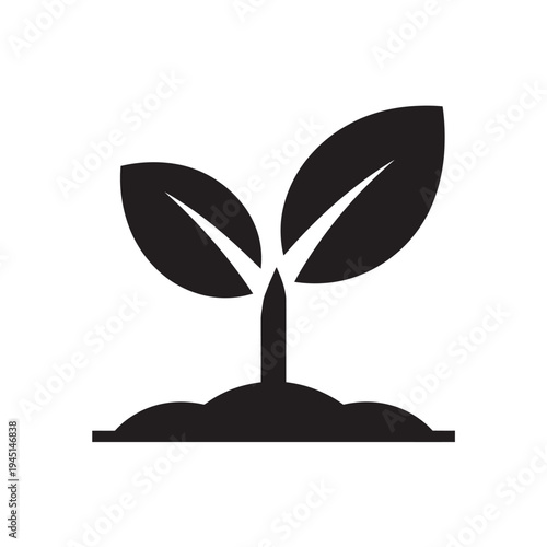 A black and white illustration of a small plant sprouting from the soil isolated on white background, Vector, illustration