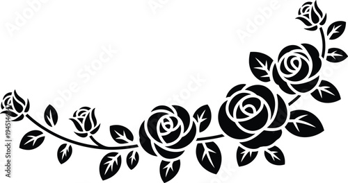 Black rose floral border illustration, elegant horizontal rose vine with leaves and blossoms forming decorative botanical border on white background.