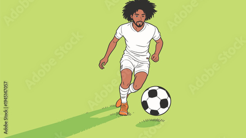 A player in white uniform moves quickly on a bright green field toward a black and white soccer ball under clear blue sky.