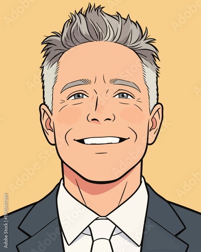 A man dressed in a suit is smiling widely. The background is bright yellow, creating a cheerful atmosphere during daytime.