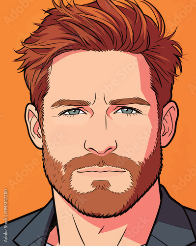 A man with red hair and a beard looks directly at the viewer. He has a serious expression. The background is bright orange.