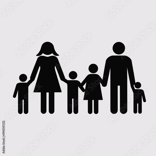 A diverse family of five standing together in a line with a parent on each end. isolated on white background, Vector, illustration