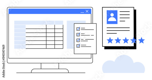 Monitor displaying table with checklist, user profile docs with ratings and cloud icon. Ideal for data analysis, online reviews, HR, cloud storage, performance tracking, digital tools, productivity