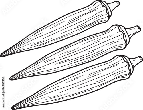 Three black and white line okra pods arranged diagonally vegetable food healthy eating