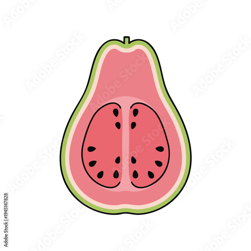 A cross-section of a pink guava, revealing its flesh and black seeds