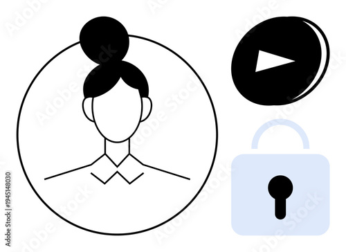 Online identity, digital security, multimedia interaction, personal data access, user authentication, content protection. A person outline, play button and lock. Identity and digital security