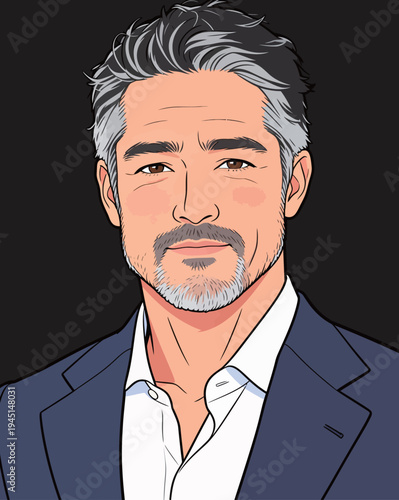 A man with gray hair and a beard wears a suit and smiles. The background is dark, and the style is cartoon-like.