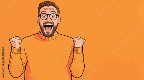 A man with glasses shows excitement with raised fists. He wears a bright orange sweater and smiles widely in a sunny place.