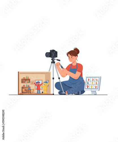 Woman filming cooking tutorial with camera flat design vector illustration