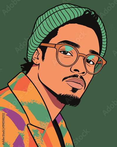 A young man looks at the viewer while wearing a colorful jacket and green beanie. His expression is serious and thoughtful.