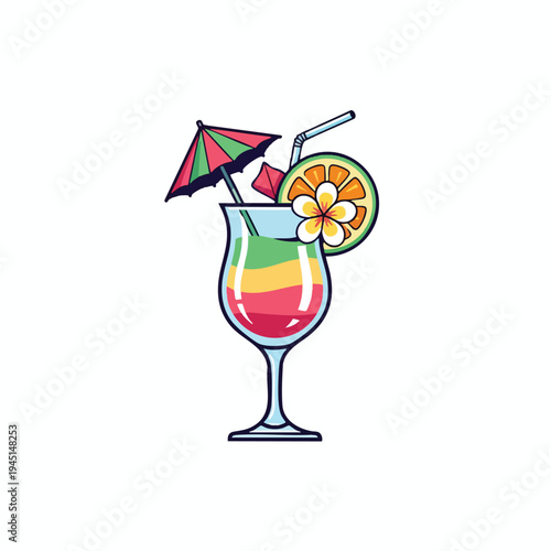Colorful layered cocktail with orange slice, flower, umbrella, and straw