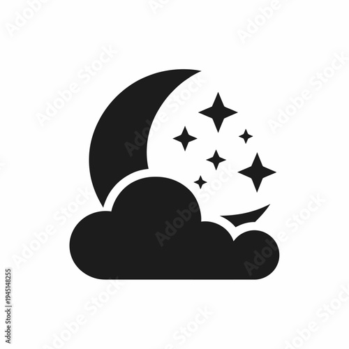 A crescent moon with stars shining brightly above a cloud in the night sky. isolated on white background, Vector, illustration