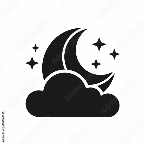 A crescent moon with stars shining brightly above a dark cloud. isolated on white background, Vector, illustration