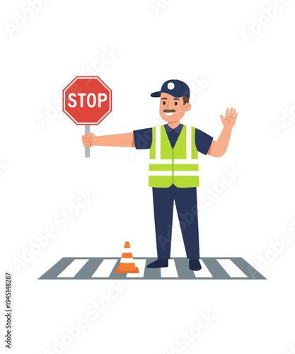 Construction worker directing traffic with stop sign vector illustration flat design