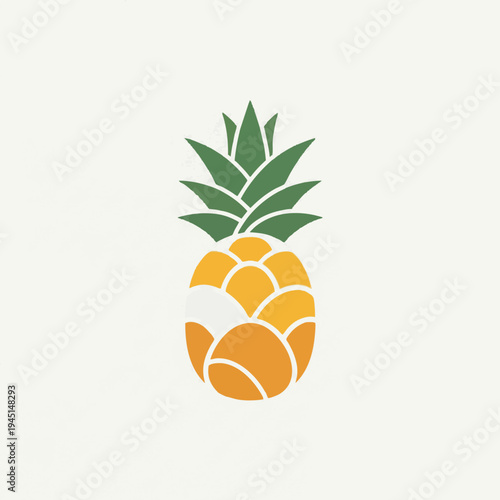 Stylized pineapple with green leaves and segmented orange body on light background