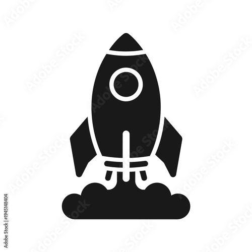 A black and white illustration of a rocket ship with a pointed nose and three flames at the bottom isolated on white background, Vector, illustration