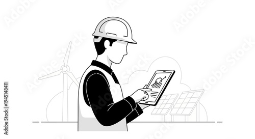 Man in hard hat holding tablet.