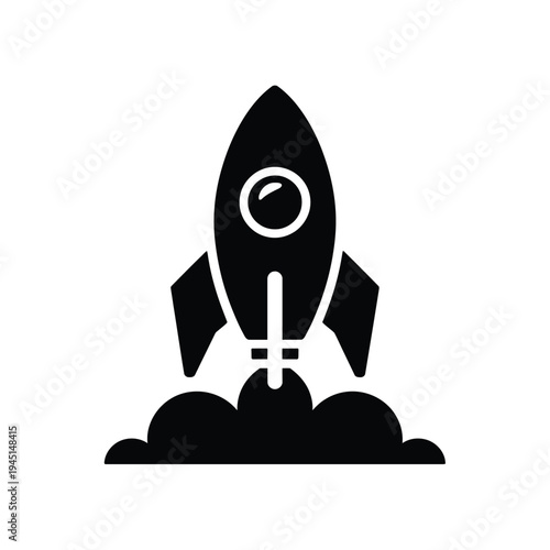 A black and white illustration of a rocket ship taking off from a launchpad isolated on white background, Vector, illustration