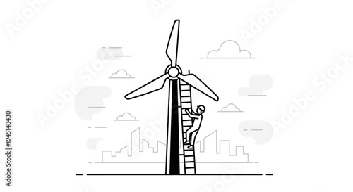 Wind turbine with a person climbing.