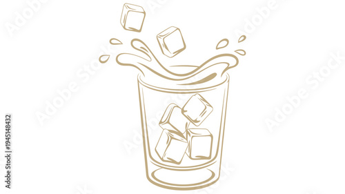 refreshing drink with ice cubes splashing in a glass, line art illustration of cold beverage, minimal outline style on clean background for bar menu, summer drink promotion, and beverage branding desi