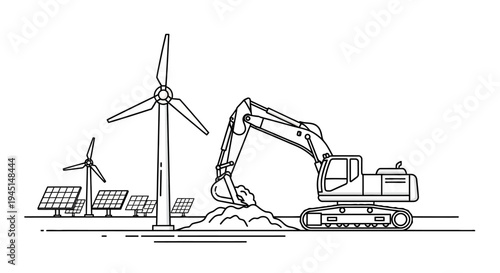 Excavator digging near wind turbine.