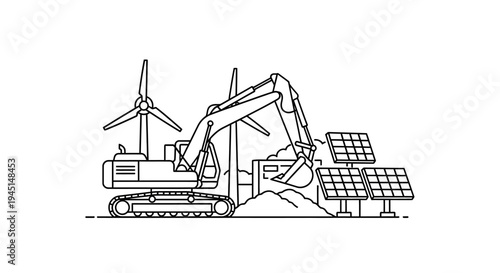 Excavator near solar panels and wind turbines.