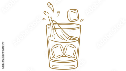 refreshing drink with ice cubes splashing in a glass, line art illustration of cold beverage, minimal outline style on clean background for bar menu, summer drink promotion, and beverage branding desi