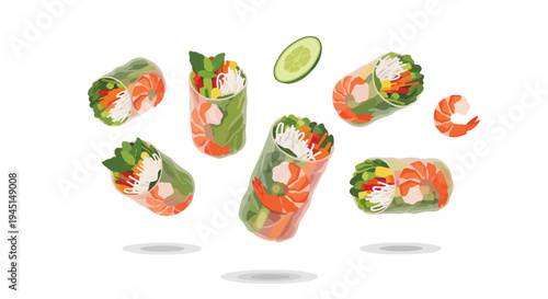 Fresh Vietnamese Spring Rolls with Shrimp and Vegetables Illustration