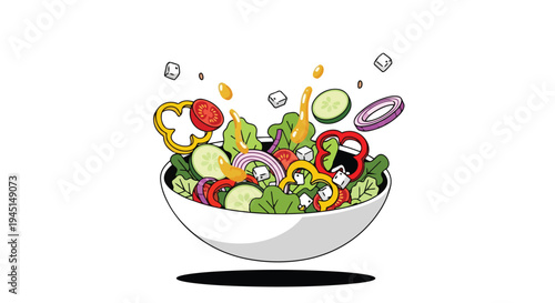 Fresh Greek Salad Bowl with Flying Vegetables and Feta Cheese Illustration