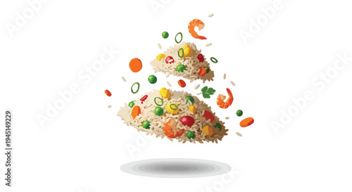 Floating Stir Fried Rice with Shrimp and Vegetables Illustration