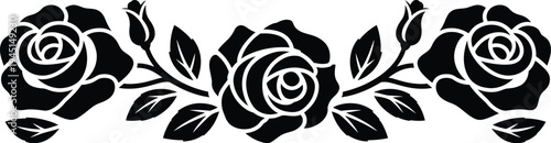 Black rose floral border illustration, elegant horizontal silhouette with three blooming roses leaves and buds for decorative botanical border design.