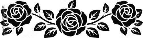 Black rose floral border illustration, horizontal bold silhouette design with three blooming roses leaves and buds isolated on white background.