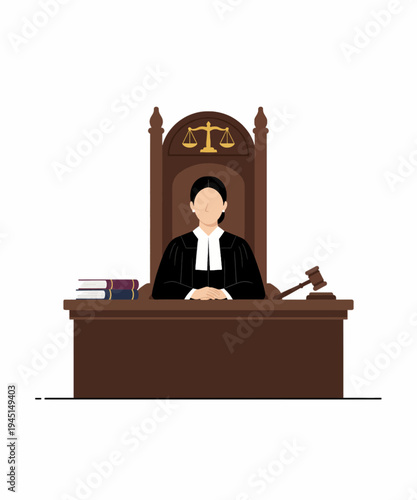 Judge in courtroom with gavel and law books vector illustration flat design