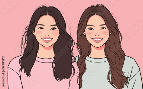 Two women with long hair smile widely at the camera while wearing casual shirts. The background is pink, adding to the bright scene.