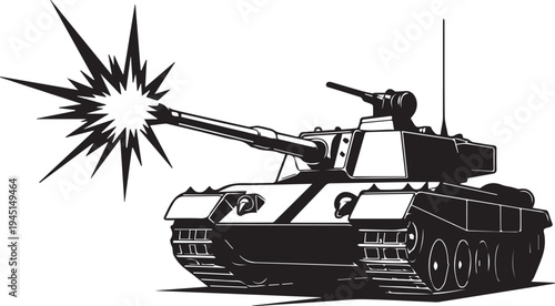 Black and white tank firing cannon with explosion military vehicle armor